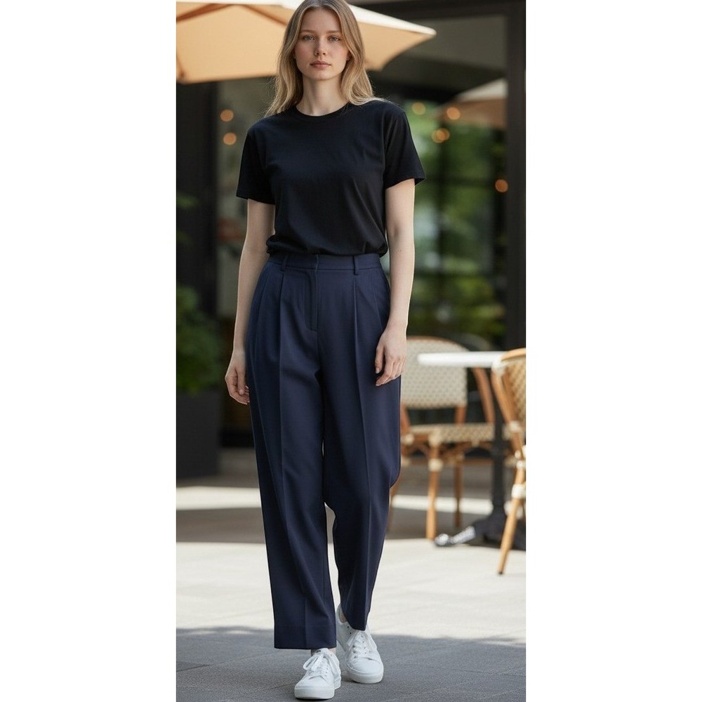 Rhone Women Navy Blue Wide Leg Pleated Trousers Dress Pants Size 14 NWT